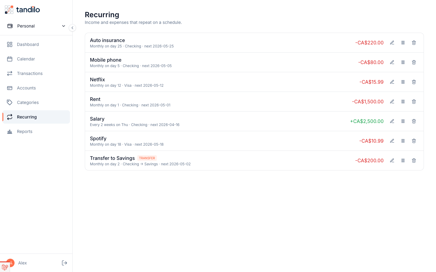 Recurring rules — salary, rent, subscriptions, transfers