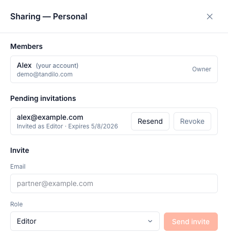 Sharing panel with members and pending invitations