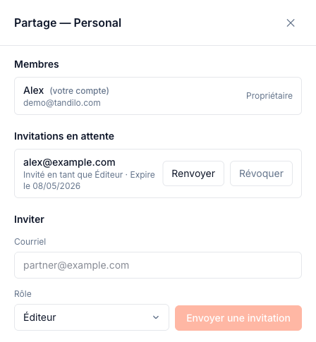 Panneau de partage avec les membres et les invitations en attente